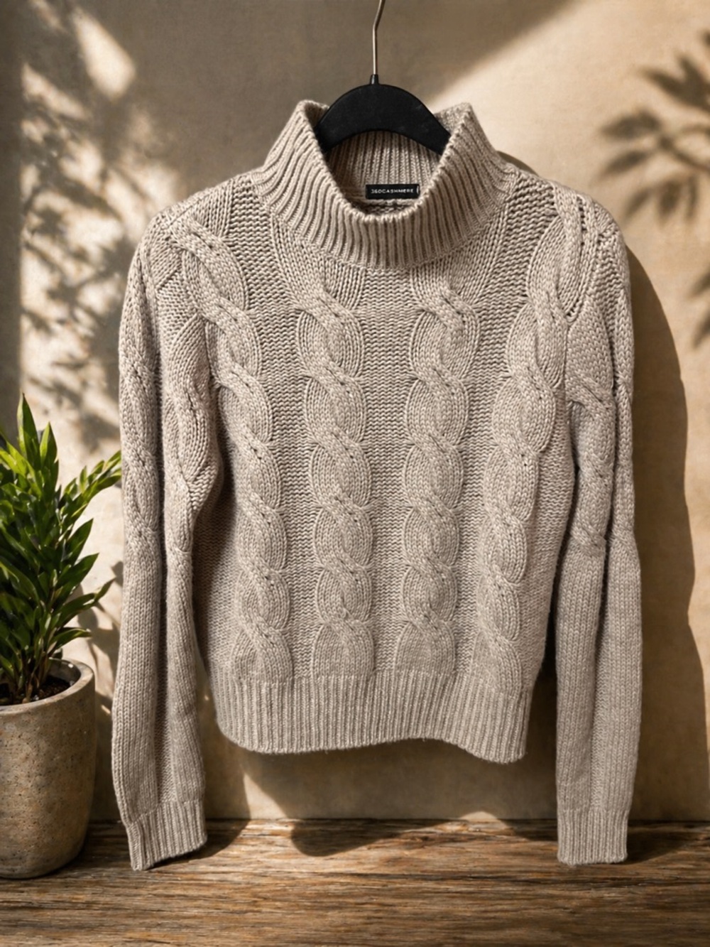 360 Cashmere Taupe Cable Knit Turtleneck Sweater